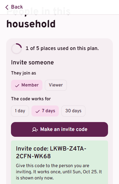 The people screen: one of five places used, a new invite code for a member that works for seven days, and the household owner.